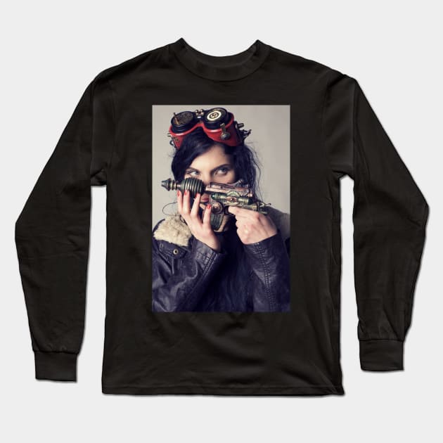 girl holds steampunk pistol Long Sleeve T-Shirt by jcreation